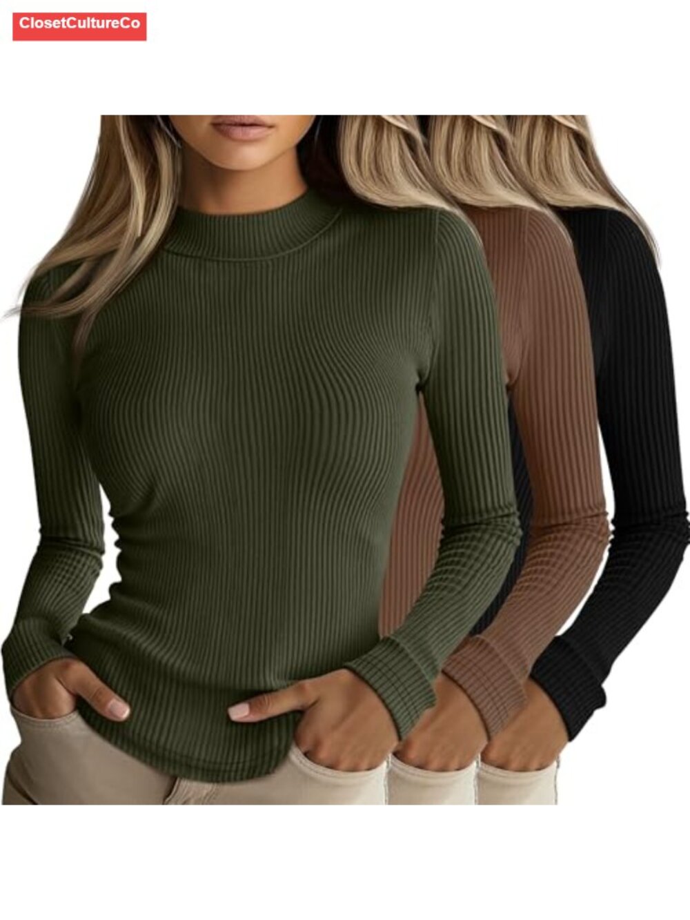 Womens Mock Neck Ribbed Long Sleeve T-Shirts 3 Pack Stretch Slim Fit